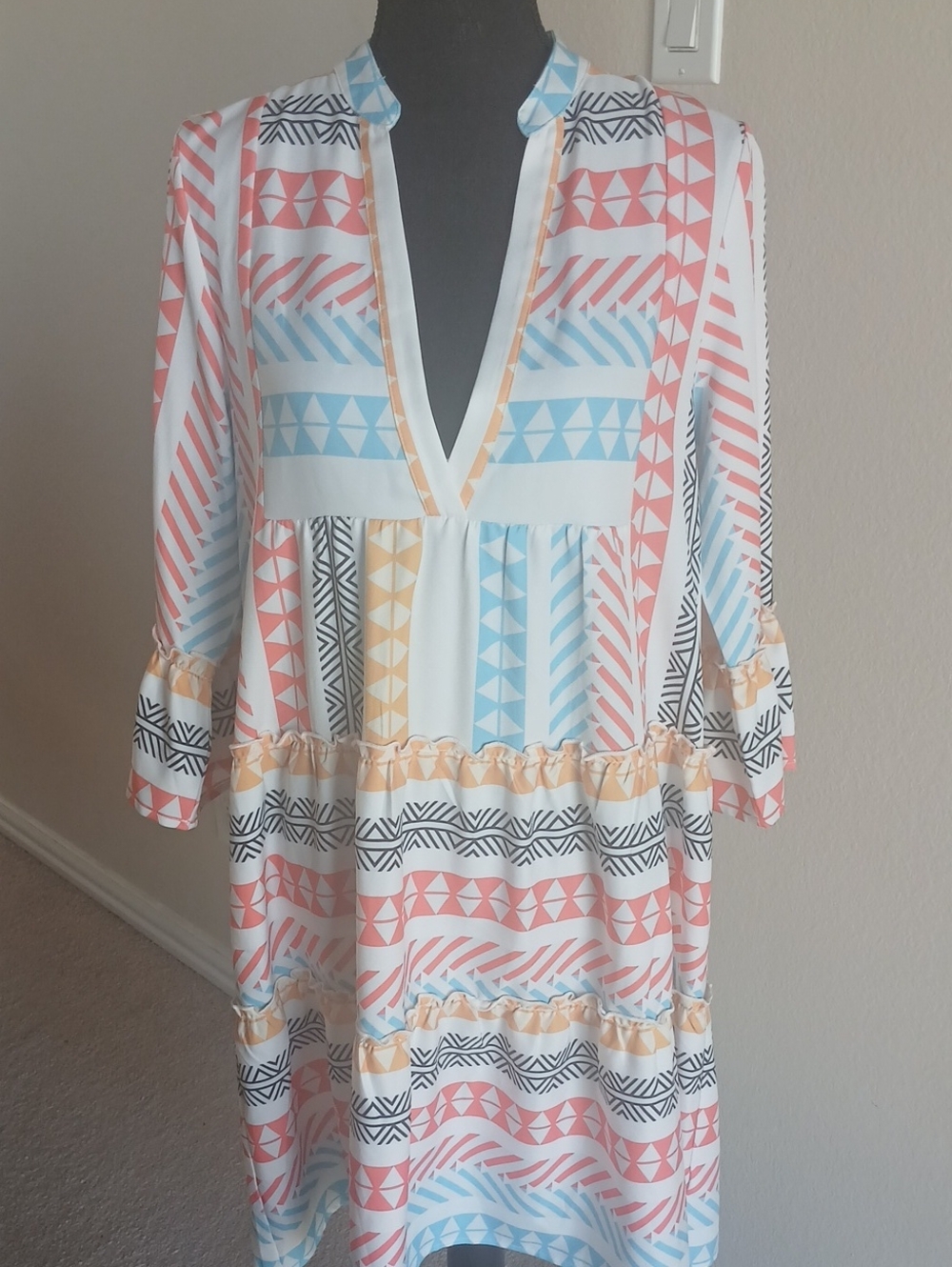 Mazik Tribal Stripe V-Neck Swim Coverup in Coral, Light Blue & Cream